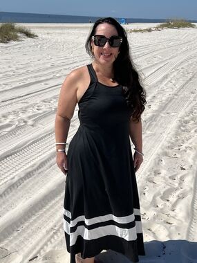 Black Maxi Dress with White Stripe Hem - Women's Sleeveless Dress